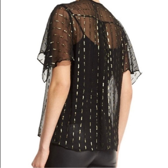 Zadig and Voltaire Black Gold Tonia Shiny Top Chiffon Sheer Sleeve Metallic Sz M - Picture 1 of 14